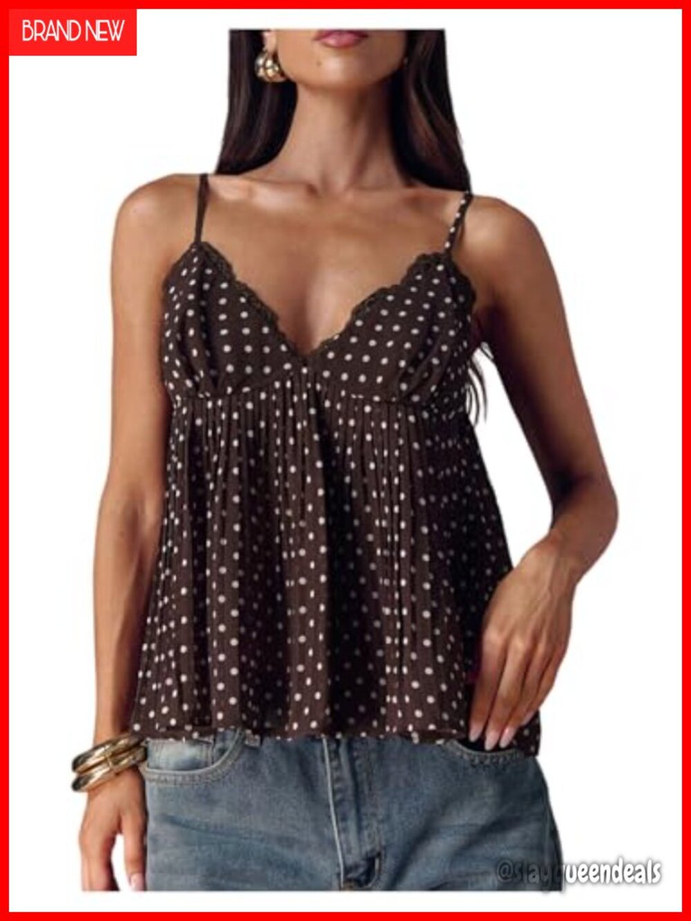 Polka Dot Lace Trim Tank Camisole - Flowy Babydoll Peplum Top - Sleeveless Cami